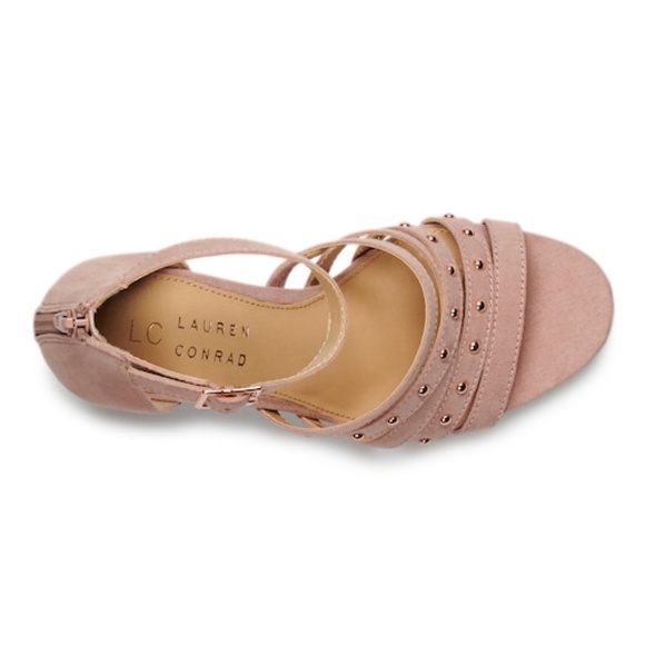 LC LAUREN CONRAD Sandals Block High Heels Strappy Faux-Suede Studded Mauve Pink - Picture 3 of 8